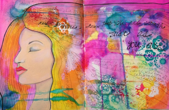 mixed media woman with words in her hair